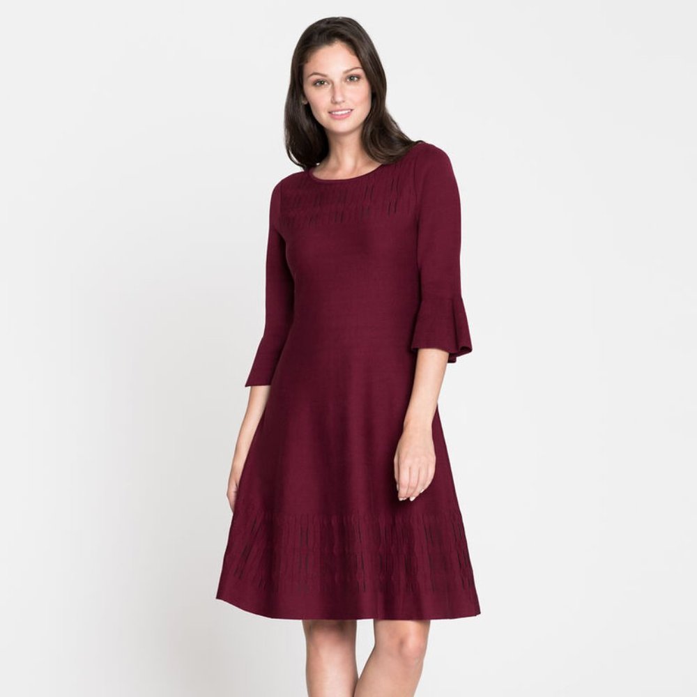 Nic & Zoe Burgundy Illusion Twirl Knit Sweater Dress Womens Size XS Bell Sleeves